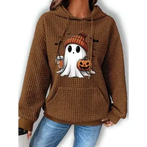 Casual long-sleeve drawstring hooded hoodie with ghost and pumpkin print — polyester knitted sweatshirt with a kangaroo pocket, suitable for autumn and winter