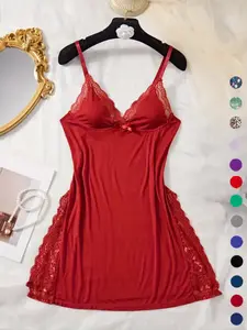 Women's Contrast Lace Bow Front Split Backless Fitted Cami Nightdress, Breathable Sleep Dress Nightwear for Women, Soft Comfortable Solid Modal Spaghetti Strap Nightgown for Women, Loungewear