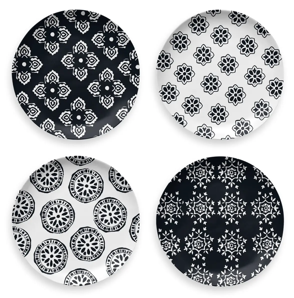 212 MAIN 8.5 in. Shatterproof Round Assorted Set, Aesthetic Black Bamboo Medallion Print Plant-Based Melamine Indoor Dinnerware Salad Plates, Prop65 Compliant Table Top Set of 4 - Planta