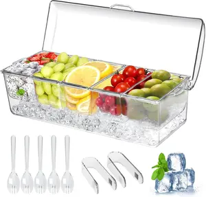 Lightweight Aesthetic Ice-Chilled Condiment Organiser with 5 Removable 2.5-Cup Transparent Lidded Containers, Serving Platter, Fruit Garnish Tray & Utensils for Party, Bar Kitchenware Supplies