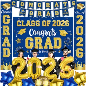 Graduation Decorations Set Class of 2026 - Blue and Gold Party Supplies with Congrats Grad Backdrop & Banner,Porch Sign,Foil Balloons Grad Congrats for Graduation Decorations