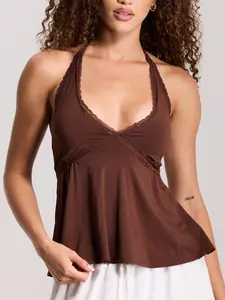 klassy Lace Trim Babydoll Halter - Adjustable Halter Neckline, Strapless, Full Length Womenswear