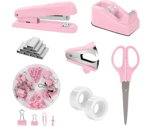 SKYDUE Pink Office Desk Accessories, Pink Office Supplies, Stapler, Tape Dispenser, Scissors, Clips and 1000pcs Staples,Office Supplies for Desk for Women