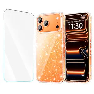 Entronix Bundle for iPhone 17 Air/Pro Max – Glitter Clear Hard Case, Clear Screen Protector & Shockproof Frame with Anti-Scratch Durable Bumper Grip