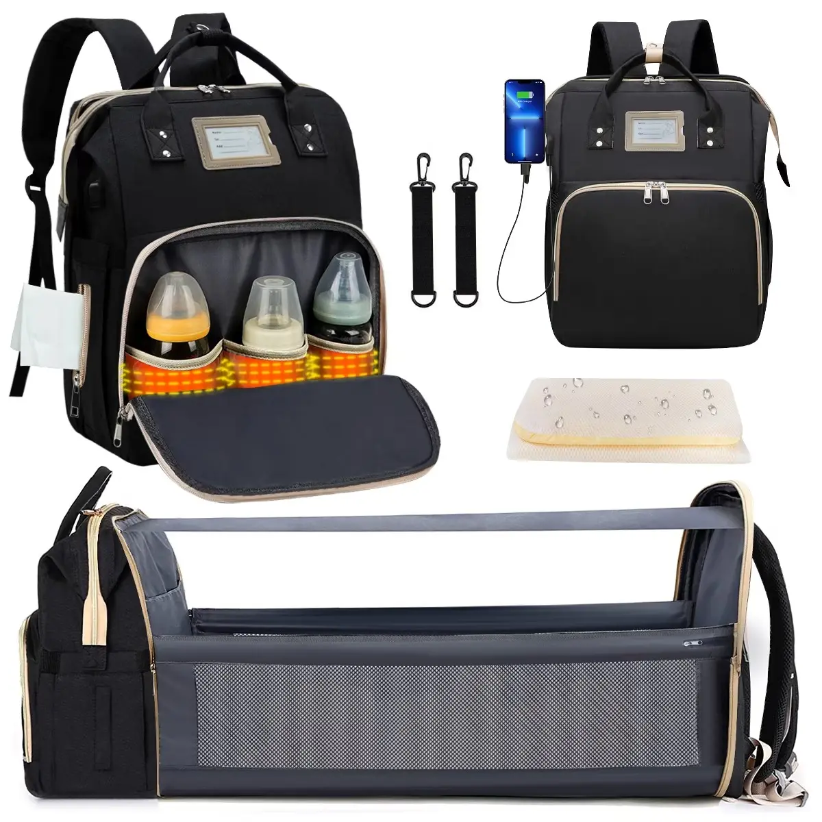 Diaper Bag Backpack, Multifunctional Changing Bag with Foldable Crib & Insulated Milk Bottle Pocket, Large Capacity Travel Backpack with USB Charging Port & Stroller Strap