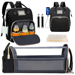 Diaper Bag Backpack, Multifunctional Changing Bag with Foldable Crib & Insulated Milk Bottle Pocket, Large Capacity Travel Backpack with USB Charging Port & Stroller Strap