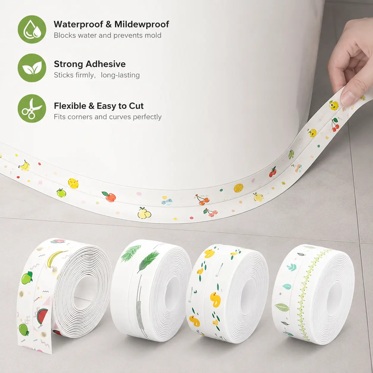 Self-Adhesive Printed Waterproof Anti-Mold Sealing Strip, Corner Fit Oil-Resistant Tape for Toilet, Sink Household Gaps (1 Count)