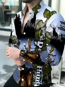 Summer Men's Long Sleeve Button Up Shirt Deer Hunting Camo Print Casual Graphic Shirt Casual Collared Shirt