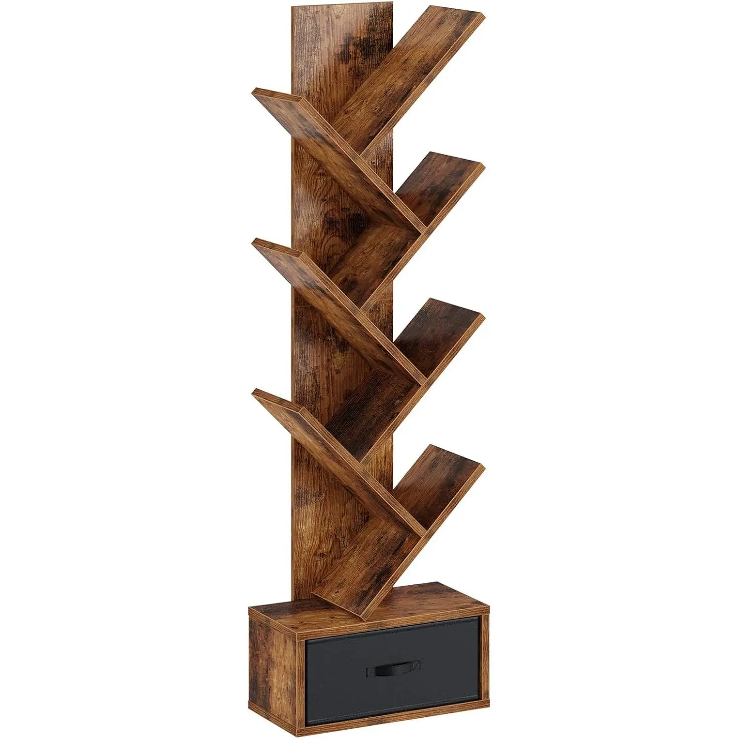 Rustic Brown Tree Shape 7-Tier Bookshelf with Drawer, Wooden Storage Rack for Books, CDs, Movies, Utility Organizer for Living Room, Bedroom