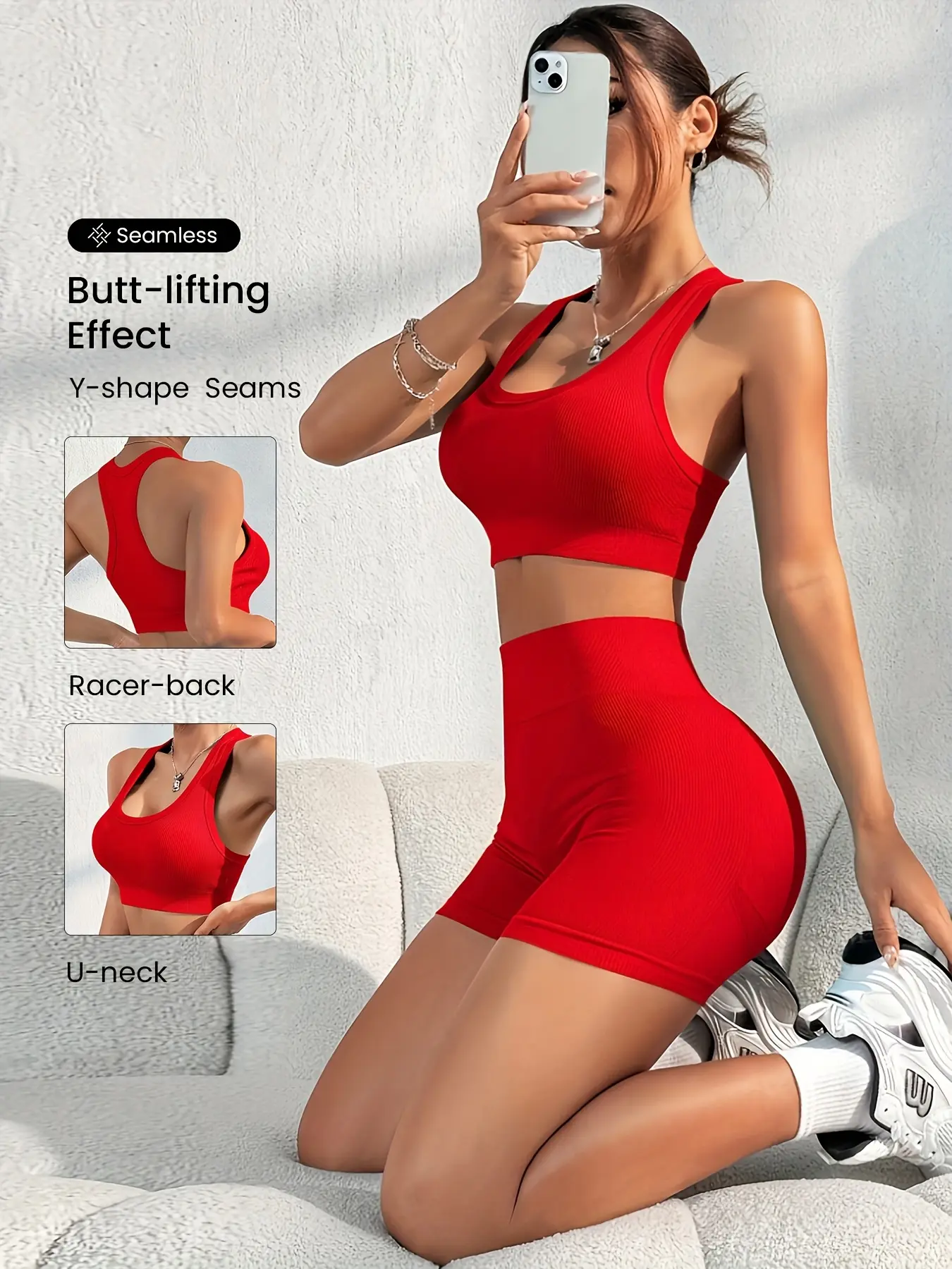 Women's 2 Piece Workout Set, Seamless Ribbed High-Waist Shorts & Racerback Sports Bra, Stretchy Tummy Control Butt Lifting Gym Outfit for Yoga, 2 Piece Sets, Woman 2 Piece Set Lightweight Summer Sportwear