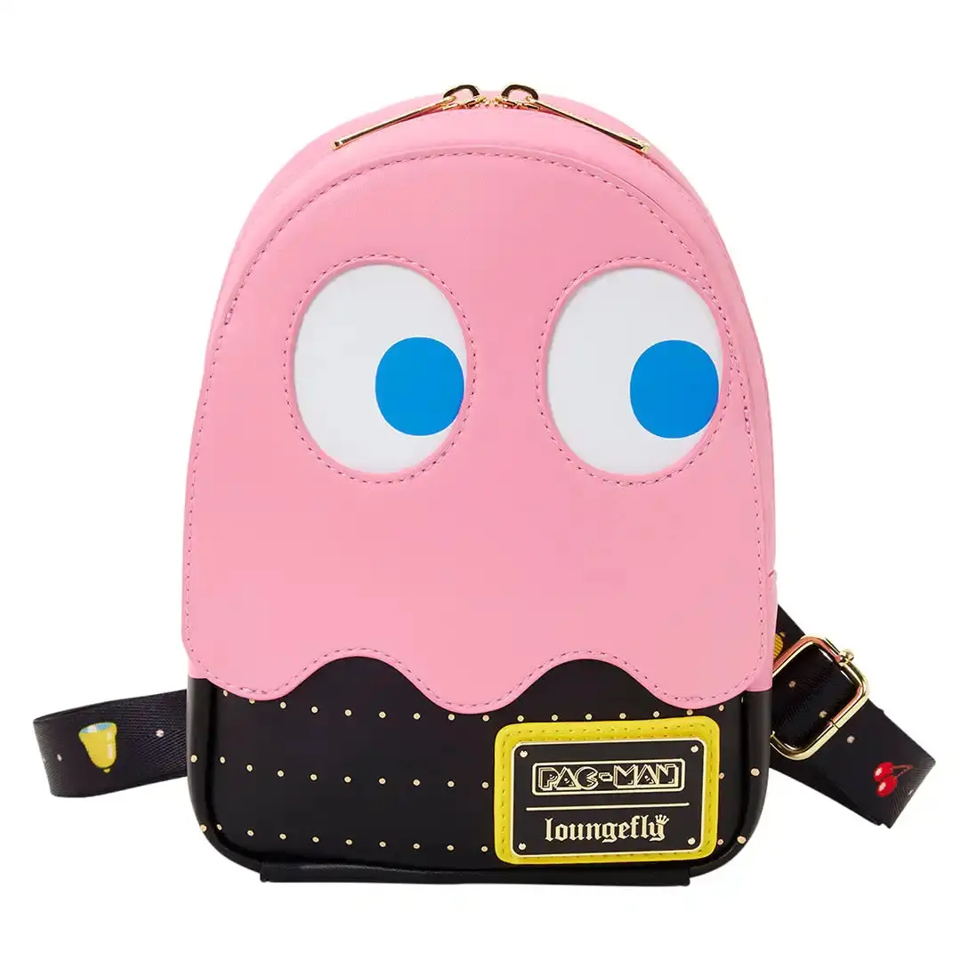Loungefly Pac-Man Pinky Ghost Faux Leather Sling Crossbody Bag, Lightweight Glow in the Dark Graphic with Zip Closure, Messenger Bags, Casual Wear, Ghost Motif, Adjustable Strap, Basic