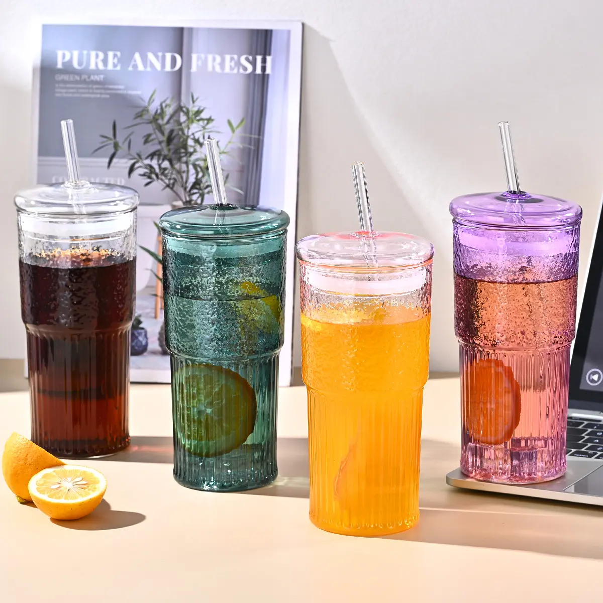 2-Pack 20oz Round Transparent Eco Glass Tumbler Set - Textured Reusable Drinking Tumbler with Lid, Eco Glass Straws, 500-1000ml Coldbrew Ice Coffee Cup, 7.08inch*2.75inch*2.75inch Kitchenware Drinkware for Holiday Gifts