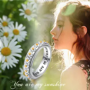 Daisy Anxiety Relieve Spinner Rings You Are My Sunshine Flower Fidget Ring Sterling Silver ADHD Stress Relieving Ring for Women