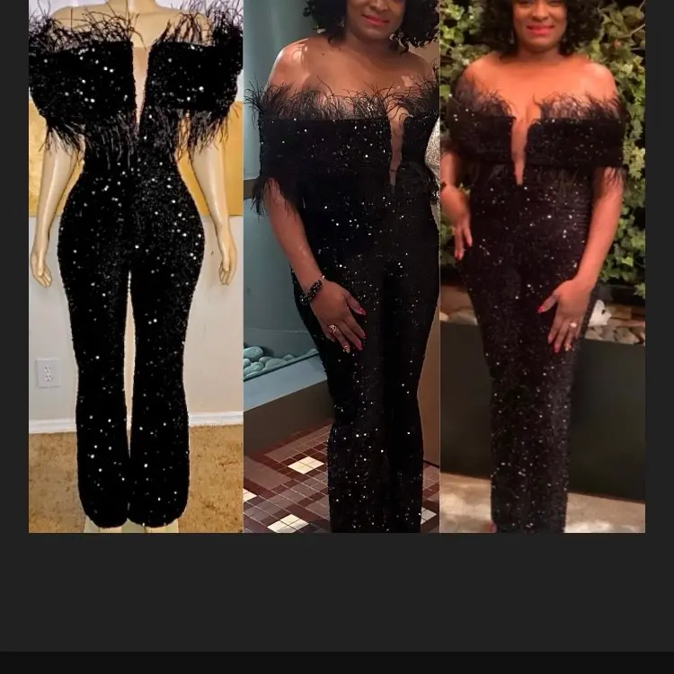 Feather off the shoulder Sequin jumpsuit