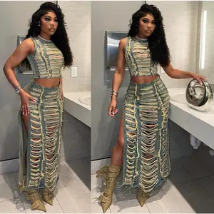 Women's Denim Set Fashionable Personality Handmade Distressed Vest with Slit Denim Skirt Womenswear Clothes