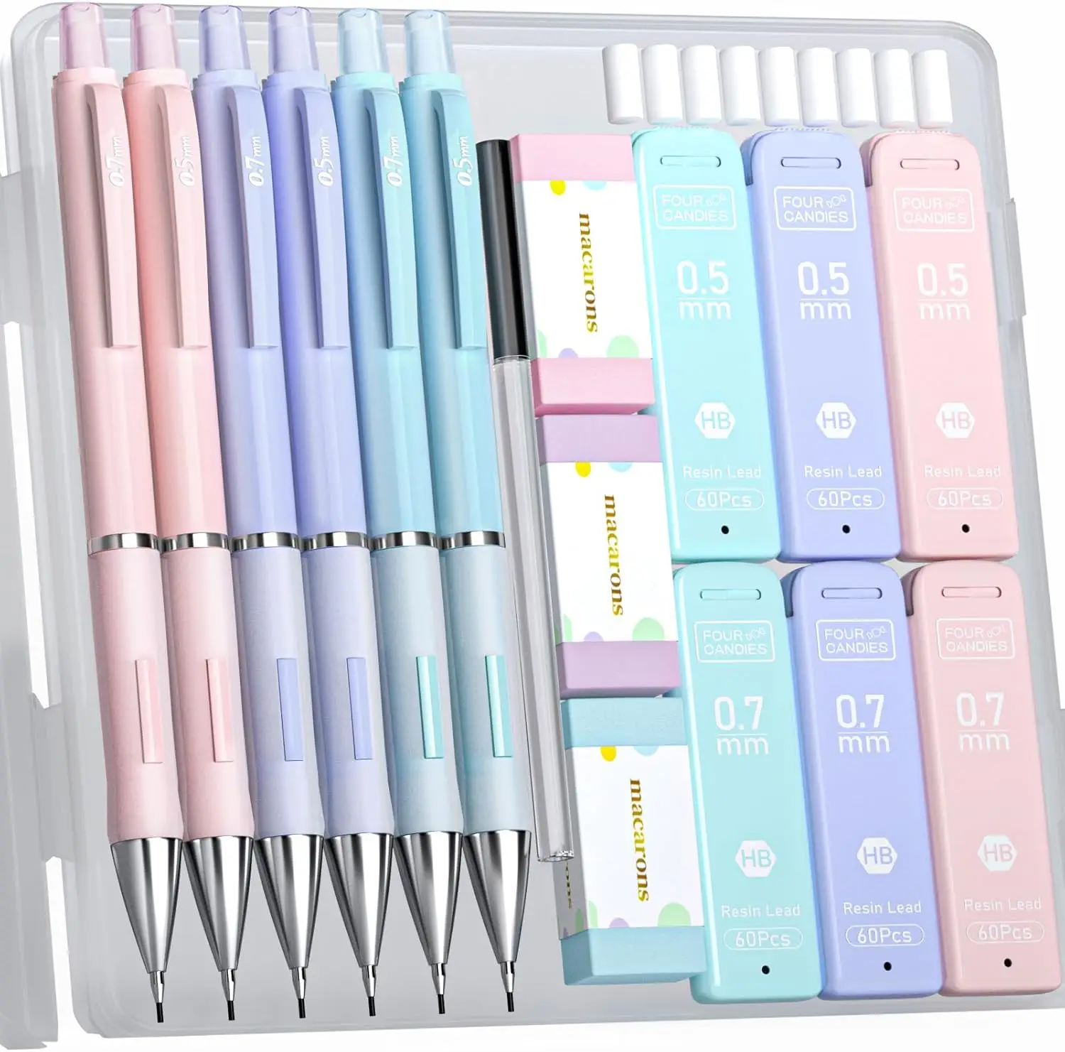 Four Candies Pastel Mechanical Pencil Set, 6PCS Cute Mechanical Pencils(0.5/0.7/0.9mm), 360PCS HB Lead Refills, 3PCS Erasers and 9PCS Eraser Refills,
