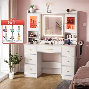 Vanity Desk with Mirror and Lights, with Power Outlet and LED Jewelry Cabinet Modern Capacity Makeup Vanity with 7 Drawers, Makeup Table for Bedroom,Makeup Room,White