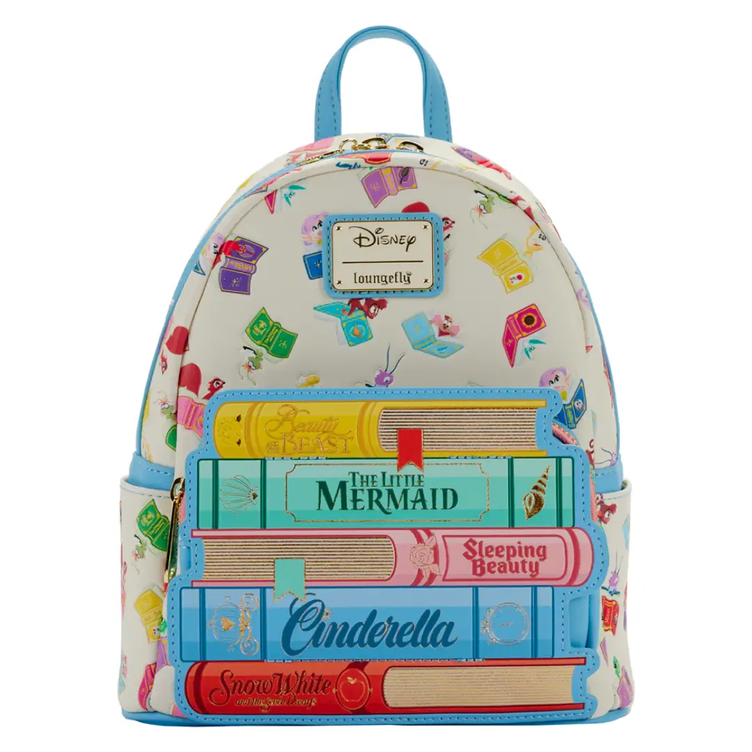 Women's Vegan Leather Mini Backpack with Classic Princess Books Print, Adjustable Straps and Enamel Charm