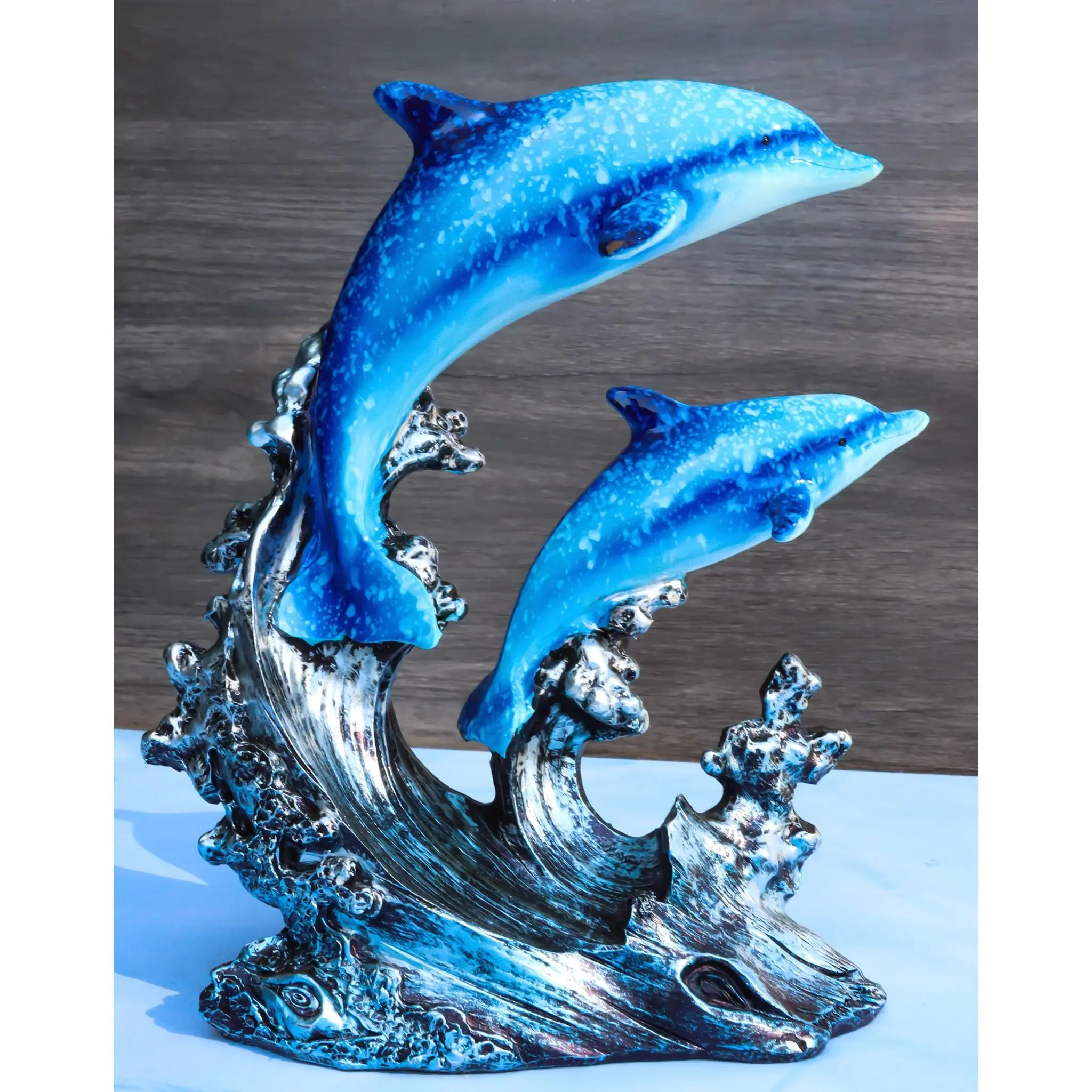 Nautical 2 Blue Dolphins Swimming Over Reef Waves Figurine, Composite Resin Sculpture with 'Wet' Finish, Home Decor Ornaments, Decorative Art Statue