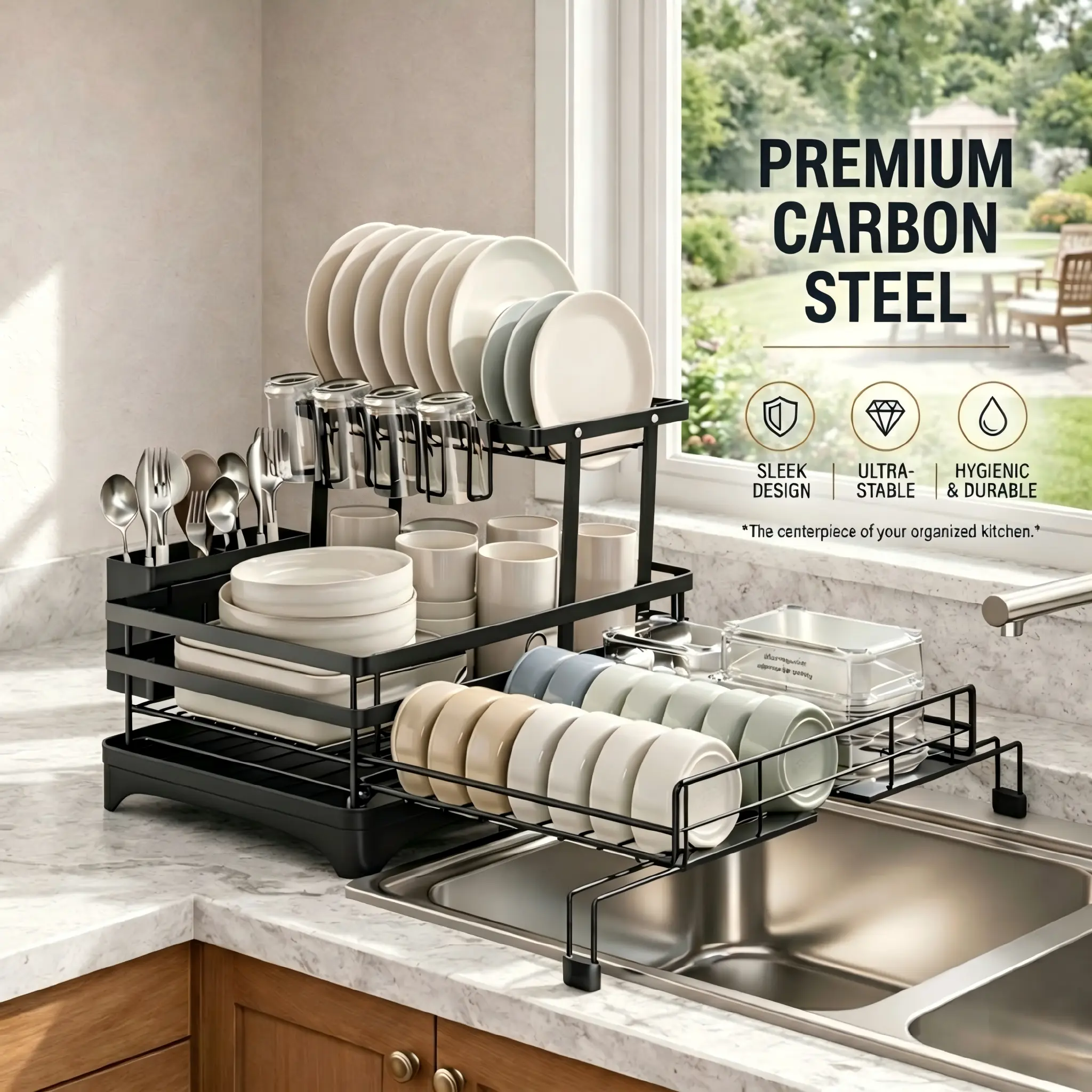 Foldable Kitchen Dish Rack｜Stainless Steel & Carbon Steel Countertop Organizer｜Space-Saving Plate & Bowl Holder｜Compact Kitchen Storage