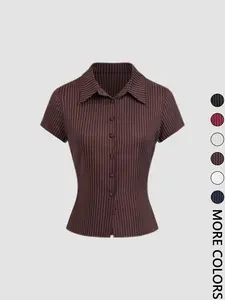 Women's Plain / Striped Print Button Up Shirt Blouse, Casual Slim-fitting Short Sleeve Collared Top for Daily Wear, Ladies Clothes for All Seasons, Womenswear