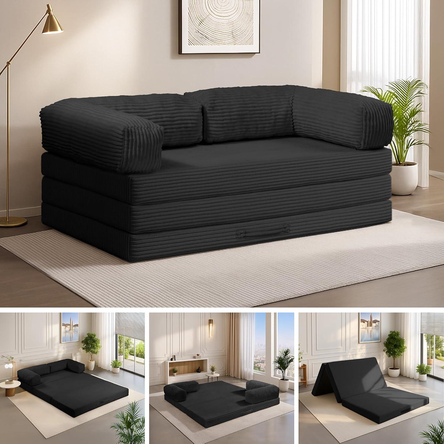 Winzoo 5-in-1 Convertible Sofa Bed,Boneless Couch Tri Folding Floor Mattress with Removable L-Shaped Armrests & Handle,Corduroy Futon Couch Sleeper with Pull Out Bed for Living Room Bedroom Apartment