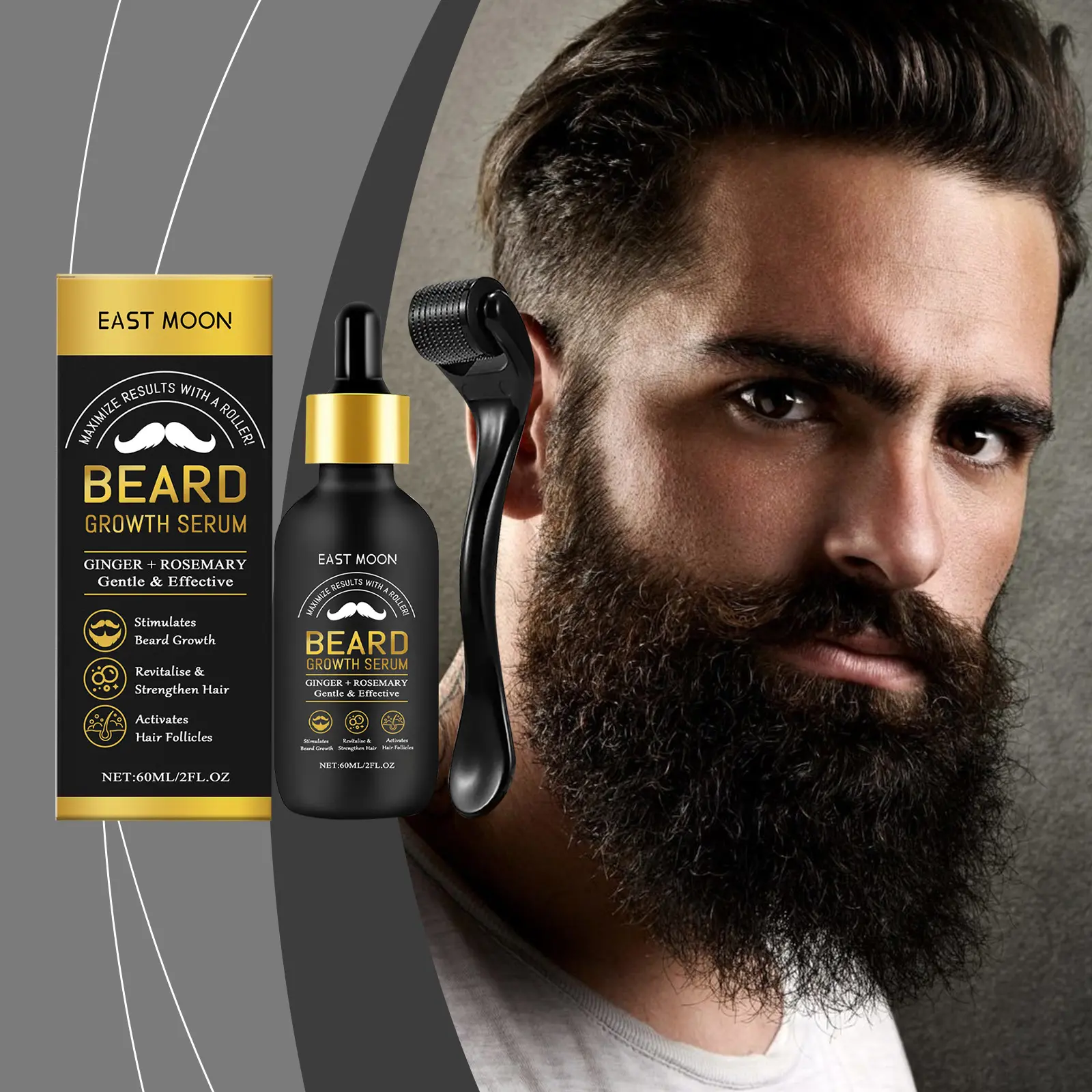 EAST MOON Beard Growth Kit-Beard Care Serum & Beard Massage Derma Roller, Beard Care Nutritional Oil, Making Beards Thicker and More Shiny, Men's Daily Beard Care Products and Tools, Holiday Gifts, Father's Day
