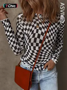 Women's Checkered Mesh Mock Neck Long Sleeve Top, Stylish Fitted Stretchy for All Season Everyday, Ladies Casual Clothes
