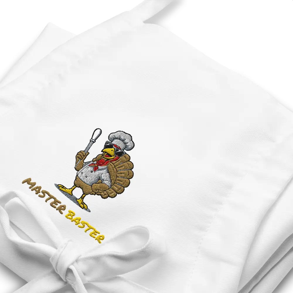The Master Baster Embroidered Apron for Thanksgiving Chefs – Funny Cooking Gift – Adjustable Neck, 2 Pockets – Black or White Cotton Blend 20x30”