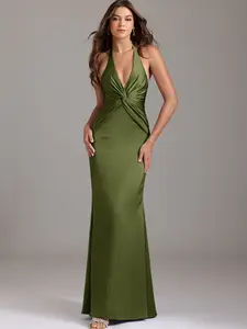Azazie Valerie Halter Neck Pleated Knot Mermaid V Back Bridesmaid Wedding Ceremony Stretch Satin Dress SpringStatements