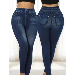 Women Leggings Seamless High Elastic Pants Denim Effect Tight Gym Running Slim Pants High Waist Casual Trousers Streetwear Leggings Jean Womenswear