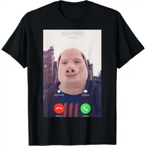 Graphic Tee John Pork (Pig God) Meme Call Screen Parody Funny Horror Humor 100% Cotton Relaxed Loose Casual Short Sleeve T-Shirt for Meme Enthusiasts & MC Fans