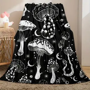 Soft Funny Throw Blanket Cute Black White Mushroom Pattern Flannel Blanket Nap Warm And Blanket Gift For Home Comfortable And Lightweight For Sofa Bed Travel Camping Living Room Office Chair