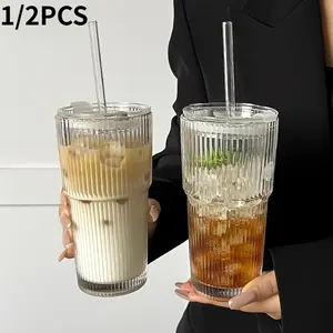 Glass Coffee Mug Set with Lid and Straw, Premium Drinking Glasses, Vertical Striped Design, 13.53oz & 20.29oz Sizes, Perfect for Ice Americano Latte Water, Glass Cups