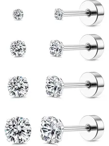 4 Pairs G23 Titanium Stud Earrings for Women Girls Silver Earrings Set Cubic Zirconia Mens Earrings Cartilage Earrings Hypoallergenic for Sensitive Ears 2/3/4/5mm High Quality Ear Studs Earrings