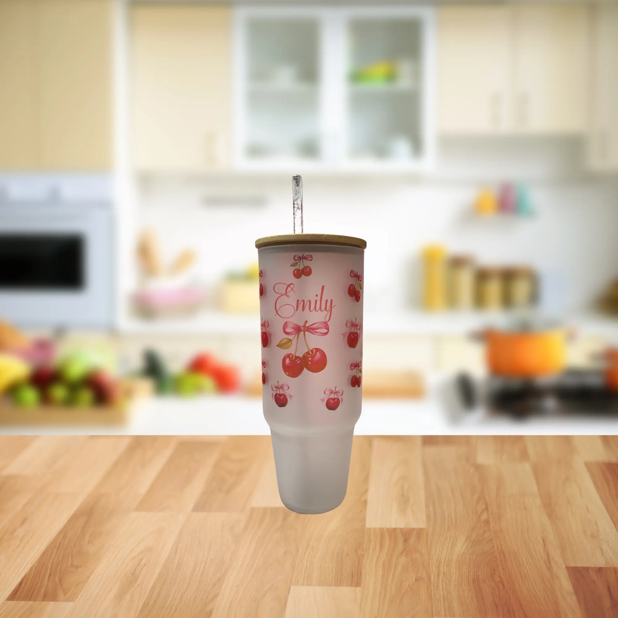 Personalized 40oz Frosted Cup with Lid & Straw - Cherry & Pink Bow Design - Custom Name  Perfect for Gifts, Parties, & Everyday Use - Cute & Stylish Drinkware