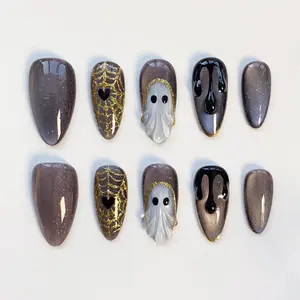 Halloween Nails/Gothic spider web nails/cobweb Nails/Black Cat Eye Nails/Little Ghost Nails/Goth Press on nails long almond nails/cute nails