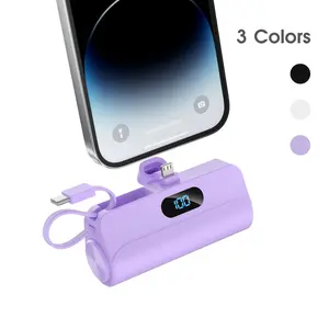 Mini, compact and small power bank, 5000mAh with LED display, stand battery pack, ios & Type-C cable output, suitable for iPhone and Android, essential for travel, Portable Rechargeable Battery, USB Power Bank, Portable Charger