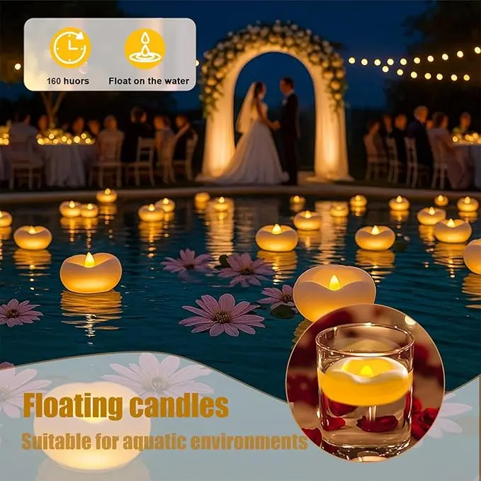 Water-Activated Floating Flameless LED Candles, 2.3" White Waterproof Plastic Battery Operated, 200+ Hours Runtime, Fall Decor for Home, Table Centerpiece, Halloween, Thanksgiving, Harvest Festival, for Cylinder Vases, Wedding, Pool & Party Decor