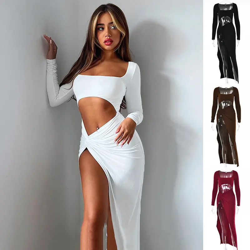 Women's Basic Polyester Long-Sleeve Solid U-Neck Hollow Cutout Full-Length High-Split Dress - Party, Wedding Gown