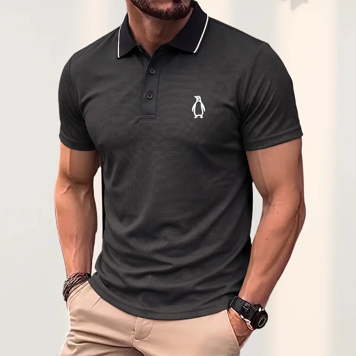 Men's Casual Short-Sleeve Polo Shirt in Solid Polyester Piqué, Breathable & Wrinkle-Resistant with Penguin Embroidery for Golf & Everyday Wear, Shortsleeve, Menswear, Tops