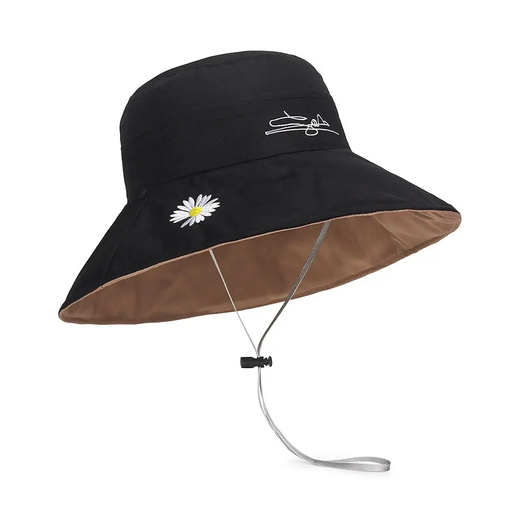 US Daisy Double-Sided UV Protection Wide Brim Bucket Hat Sun Beach Fisherman Cap (Brown+Black)