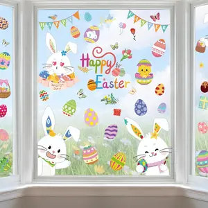 9 Sheets Easter Window Clings Happy Easter Decorations Eggs Bunny Rabbit Window Stickers for Home Office School Spring Decals for Glass Windows Doors