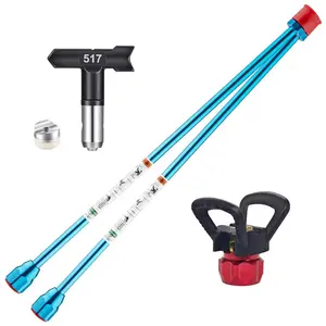A set of 4 replacement tools for an airless spray paint gun, including 2 19.7-inch extension nozzles for the spray gun tip, 1 rotatable spray nozzle for the paint gun, and a tip protector.