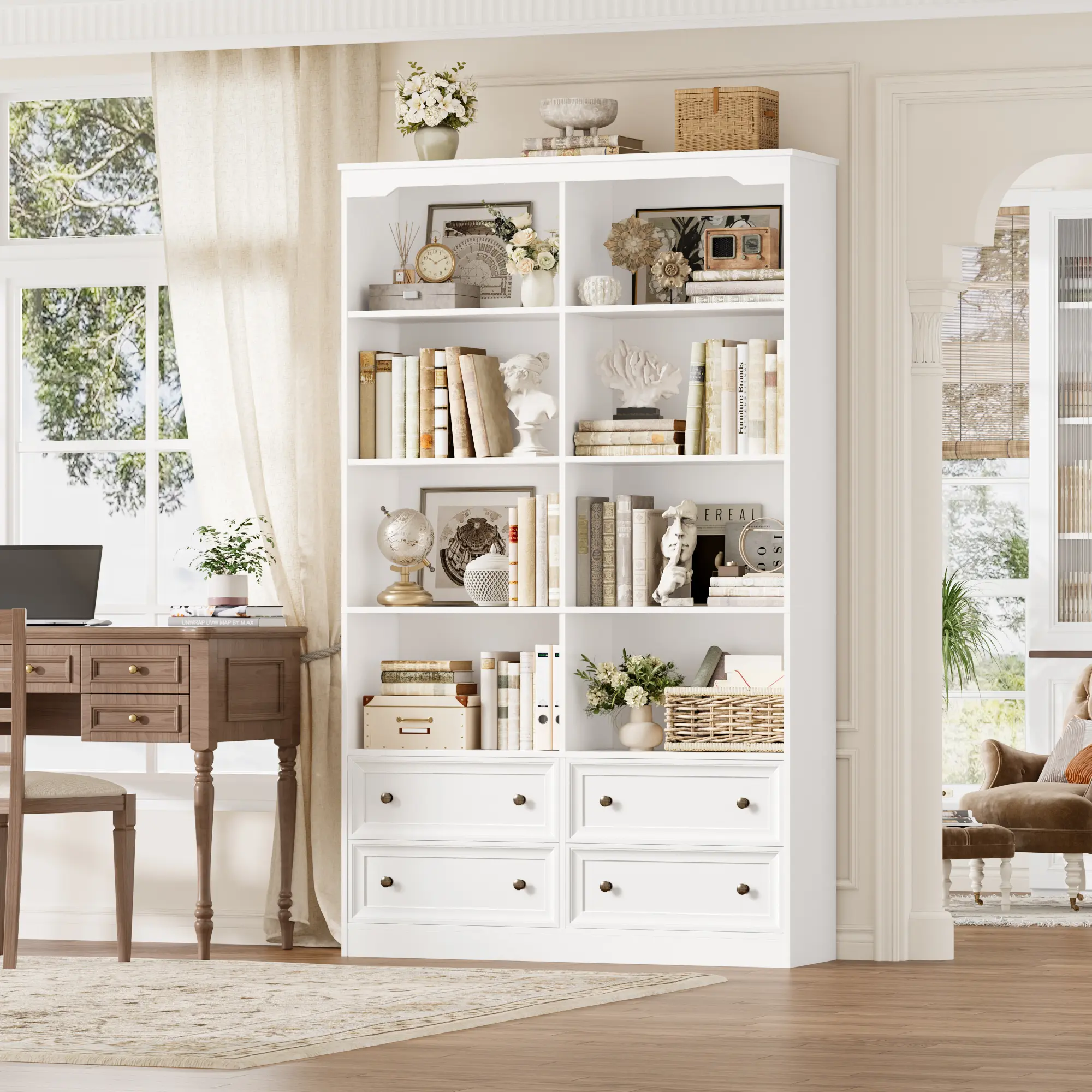 FOTOSOK 71" Large Bookshelf with Storage, 6-Tier Double Wide Bookshelf and Bookcase with 4 Drawers, Tall Book Shelf Open Shelves for Home Office