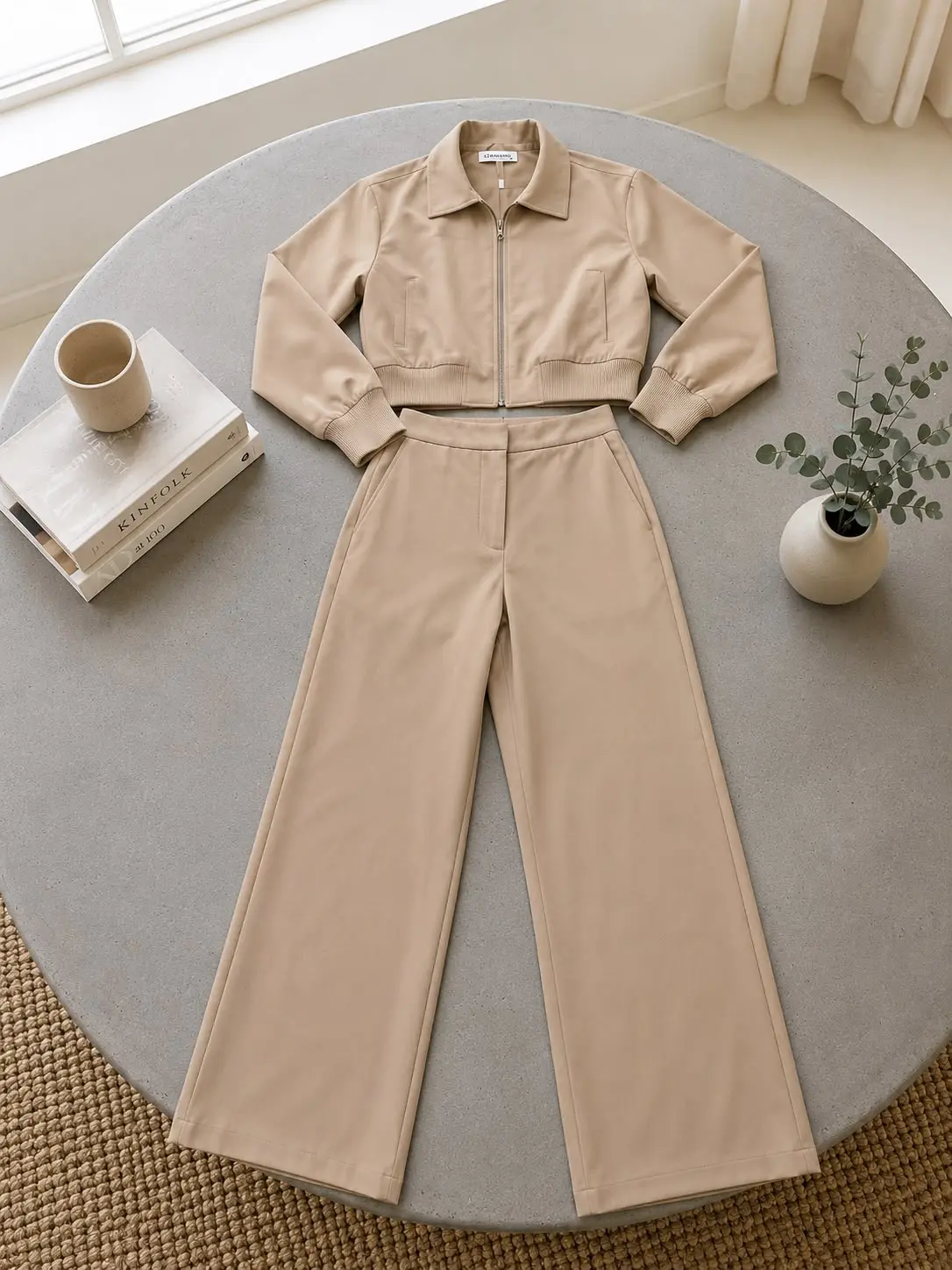 Long Sleeve Top & Pant Set Beige