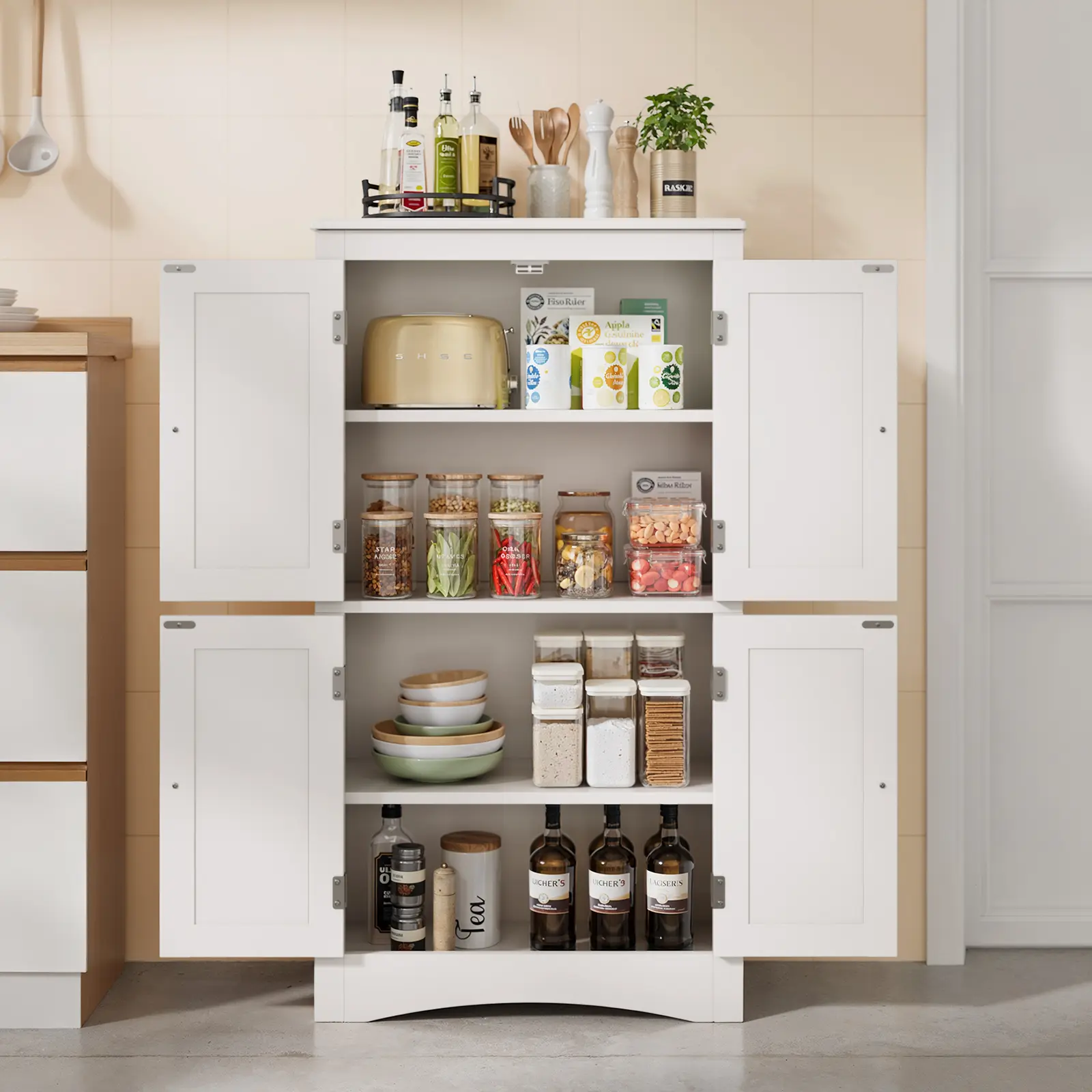 Gizoon 43" Freestanding Cupboard Pantry - Indoor Storage Furniture with Adjustable Shelves, 4 Magnetic Doors, Modern Vertical Cabinet, Furniture Organizer for Kitchen, Living Room, Kitchen Storage Cabinets