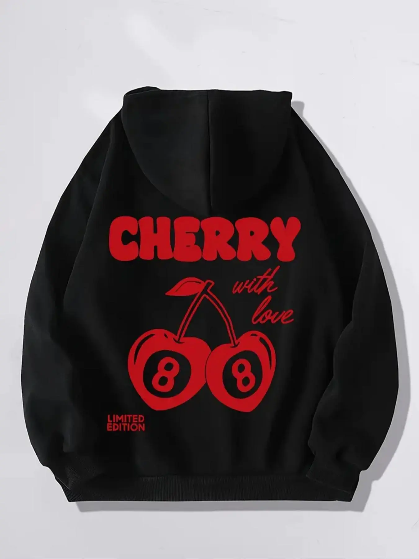 Women's Cherry & Letter Print Drop Shoulder Hoodie, Fashion Casual Drawstring Pocket Hooded Sweatshirt for Daily Holiday Outdoor Wear, Women Clothing for Fall & Winter
