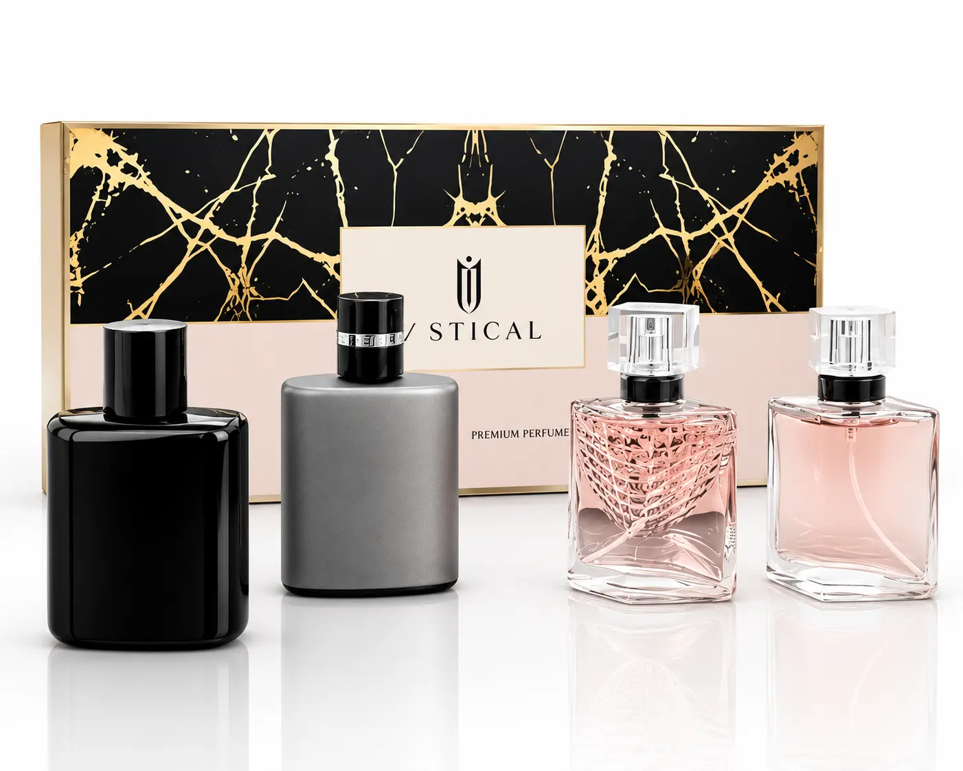MYSTICAL Black Gold Marble 4-Piece Perfume Gift Set, 4 × 30ml, Floral-Fruity and Woody Fragrances with Pear, Rose,for Daily Wear, Dating, Travel and Holiday Gifting, Long-Lasting Mini Perfume Collection，Perfect birthday gift，portable travel size，