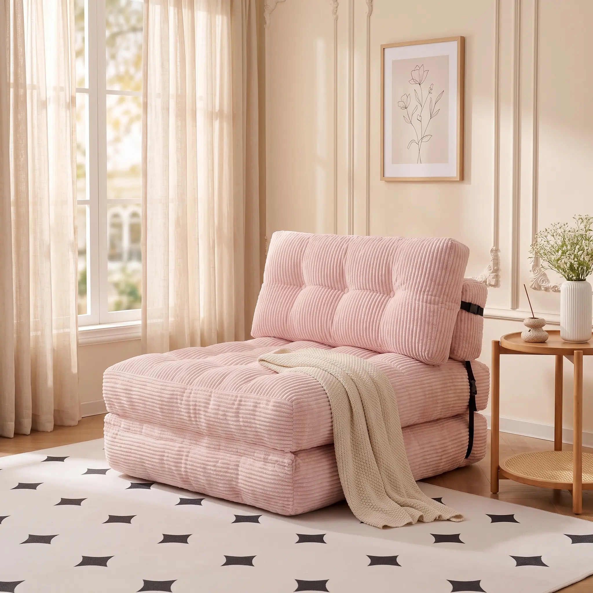 Folding Sofa Bed Convertible Sleeper Chair with Pillow Foldable Mattress with Back Support Portable Fold Out Chair Bed Comfy Floor Sofa Lounge for Living Room Bedroom Pink Single couch boneless